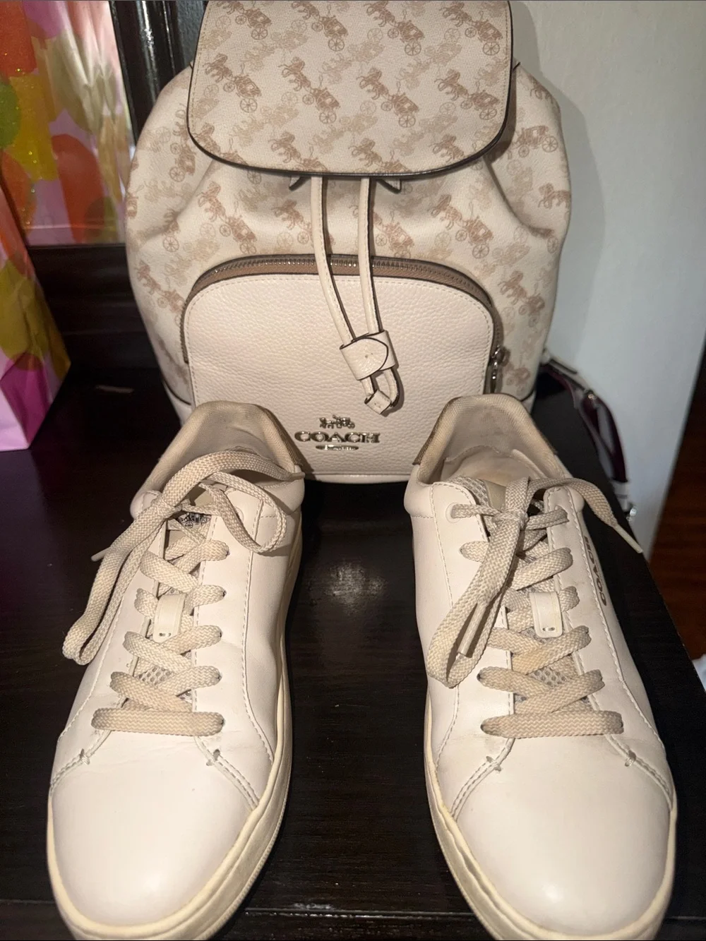 Coach Signature Print Cream Backpack